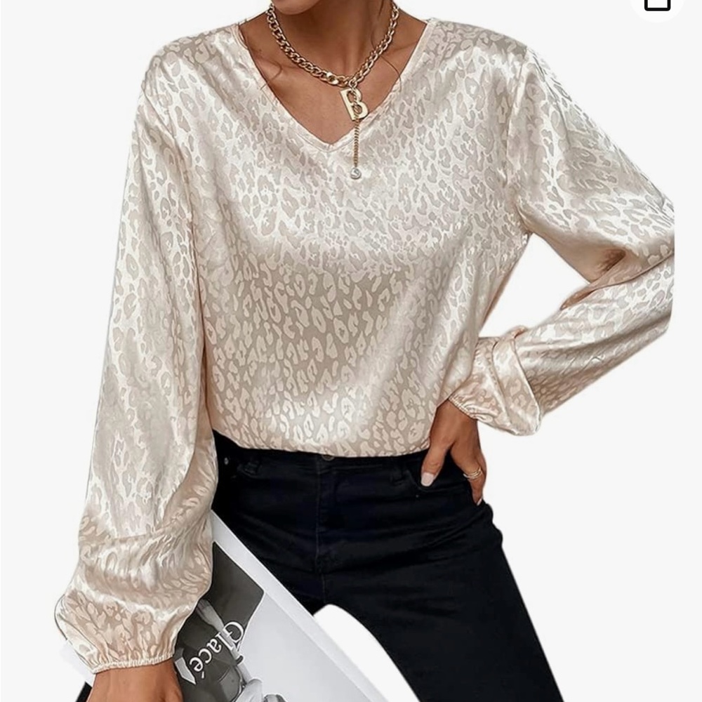 Miss Sparkling boutique leopard print lantern sleeve, V- neck blouse size Large